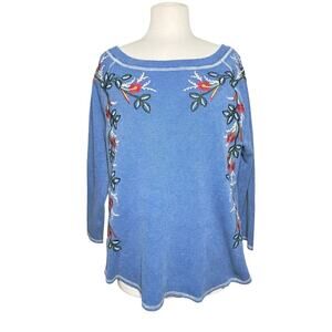 ANGEL+PREMIUM Women’s Boho Embroidered Blue Waffle Knit Top XL